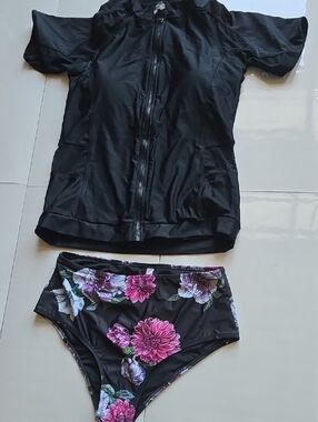 Women's Black Zip Front Swim Top with Floral High-Waist Bikini Bottom